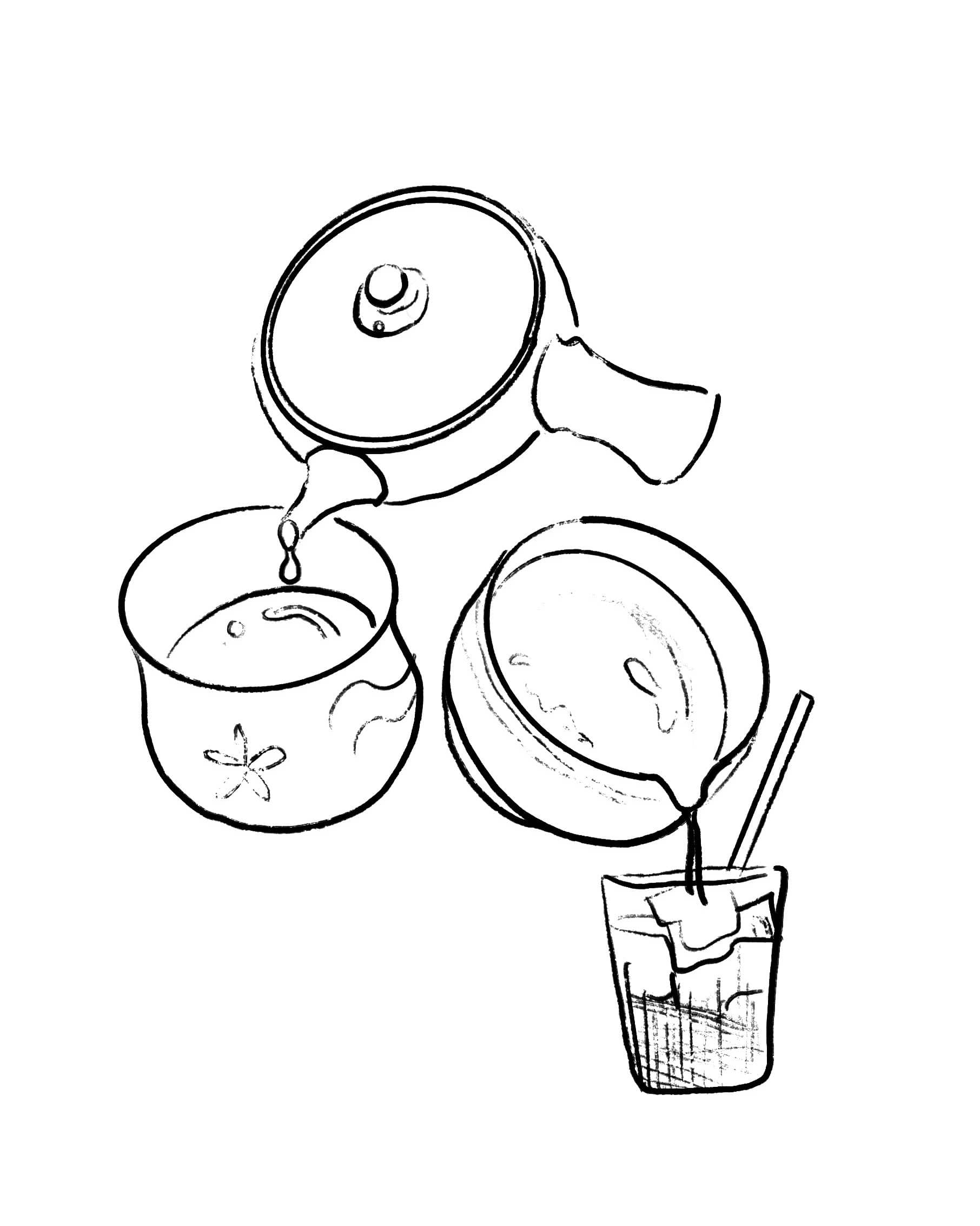 Traditional Japanese tea ceremony set sketch portrait